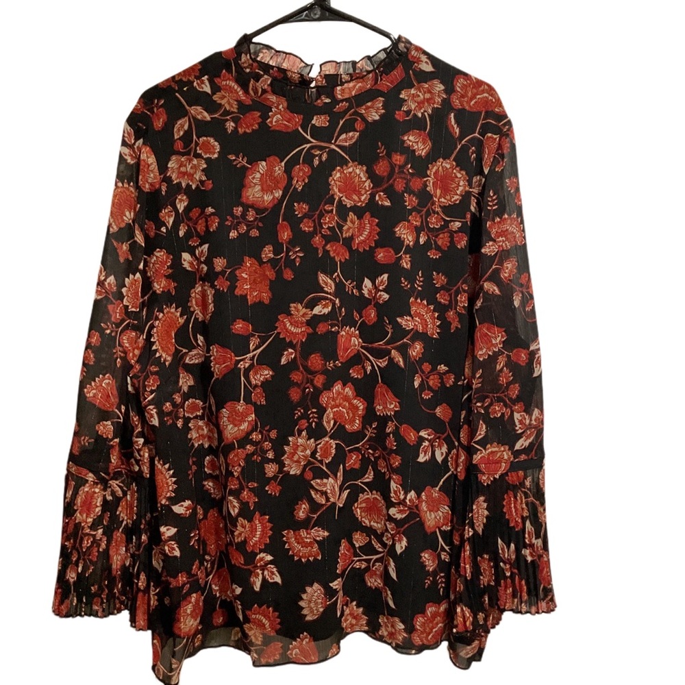 Chico’s Floral Mock Neck Blouse Long Pleated Sleeve Black Orange